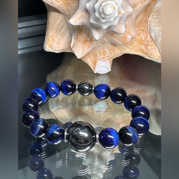 DARK BLUE TIGERS EYE + HEMATITE NATURAL STONES BRACELET size 7” - Picture 3 of 11